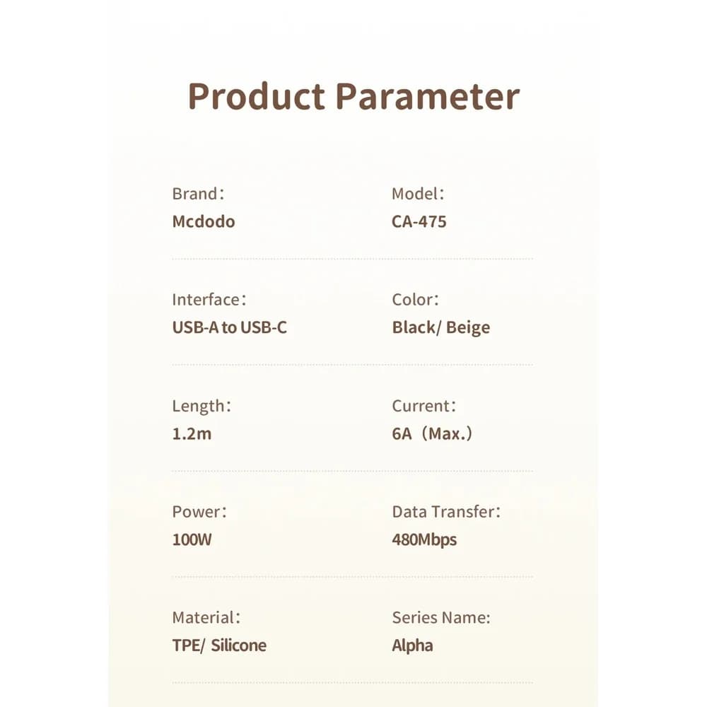 کابل تبدیل USB به USB-C مک دودو مدل CA-475 طول 1.2 متر